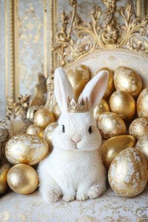 A royal Easter Bunny wearing a small golden crown, seated elegantly beside a throne adorned with golden Easter eggs.の素材