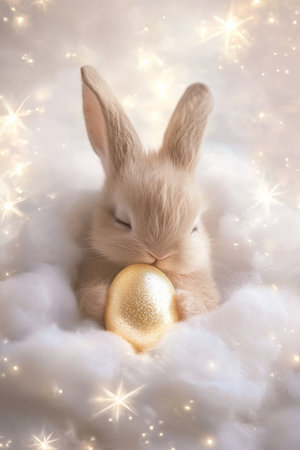 A tiny baby Easter Bunny nestled inside a fluffy cloud, holding a glowing golden egg, surrounded by twinkling stars and a soft lavender sky.の素材