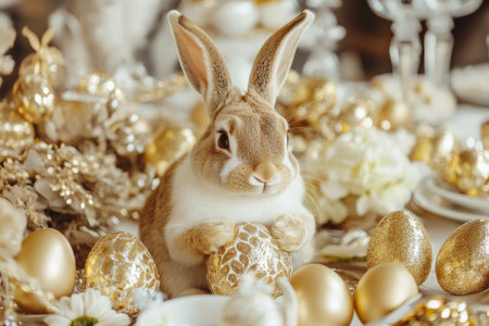 A sophisticated Easter Bunny in a stylish dress, surrounded by a lavish array of golden Easter eggs and luxurious decor.の素材