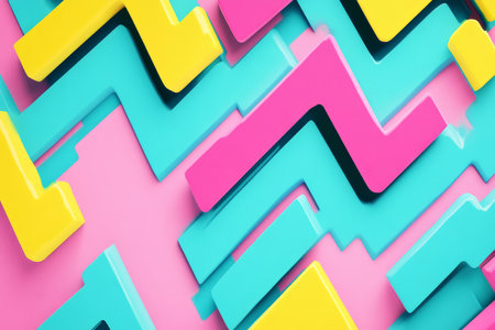 A playful 90s aesthetic background with oversized zigzags, chunky typography elements, and a neon palette of pink, yellow, and cyan.の素材