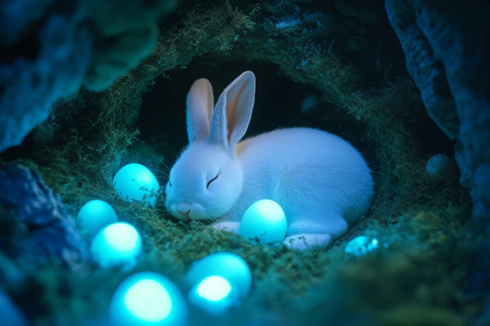 A peaceful Easter Bunny sleeping inside a cozy burrow, surrounded by glowing, bioluminescent Easter eggs that softly illuminated the dark earth.の素材