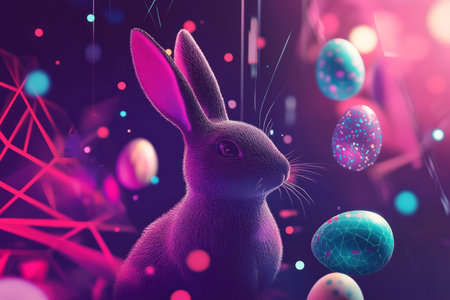 A sleek, abstract Easter Bunny surrounded by geometric patterns and glowing Easter eggs, creating a modern and vibrant composition.の素材