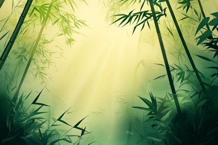 A tranquil bamboo forest background with soft golden sunlight filtering through the towering green stalks, casting delicate patterns of shadows across the forest floor.の素材