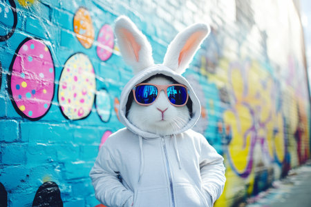 A stylish, urban-themed Easter Bunny wearing sunglasses and a hoodie, standing next to graffiti-covered walls featuring neon Easter egg designs.の素材