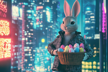 A stylish Easter Bunny wearing a fashionable jacket, carrying a basket of eggs in front of a neon-lit city skyline.の素材