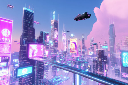 A sprawling cyberpunk cityscape, viewed from a high-rise balcony, with layers of holographic billboards, automated flying taxis, and a glowing, neon-drenched skyline.の素材