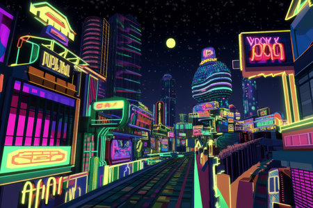 A neon-soaked 90s cityscape at night, with brightly lit billboards, futuristic arcade signs, and abstract geometric street art covering the walls.の素材