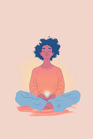 A peaceful illustration of a person sitting with eyes closed, surrounded by a soft glow, symbolizing inner peace, self love, and a strong sense of self worth.の素材