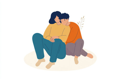 An illustration of two people sitting side by side, one offering a comforting gesture while the other rests their head on their shoulder, representing emotional support and empathy.の素材