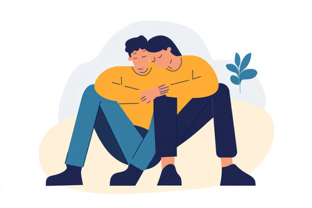 An illustration of two people sitting side by side, one offering a comforting gesture while the other rests their head on their shoulder, representing emotional support and empathy.の素材