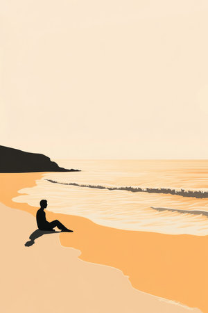 A minimalist and calming illustration of a person sitting on a beach at sunset, breathing deeply, the waves gently lapping at the shore, symbolizing peaceful self reflection.の素材