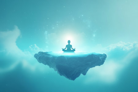A person sitting in a meditative pose on a floating island, surrounded by soft glowing light and calm blue tones, symbolizing inner peace and mindfulness.の素材