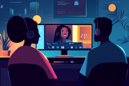 A modern, vector style illustration of two people communicating through a video call, their screens glowing in a darkened room.の素材