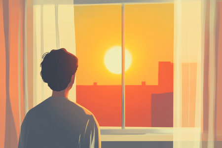 A warm illustration of a person looking at the sunrise from a hospital window, symbolizing hope, new beginnings, and recovery.の素材