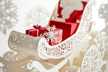 A delicate cut paper Santa sleigh, featuring layered textures, tiny paper presents, and intricate snowflake details.の素材