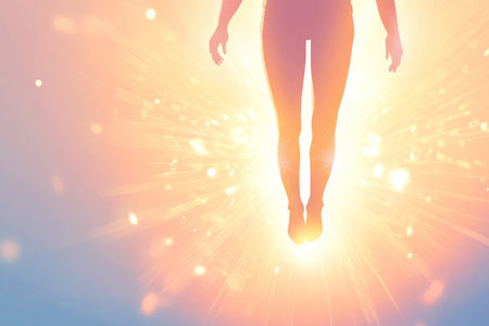 A powerful illustration of a person standing with their feet firmly planted on the ground, their body radiating light as they recite affirmations of strength and empowerment.の素材