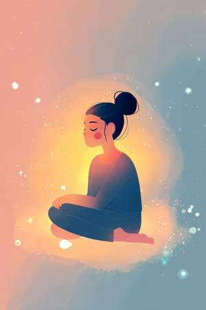 A peaceful illustration of a person sitting with eyes closed, surrounded by a soft glow, symbolizing inner peace, self love, and a strong sense of self worth.の素材