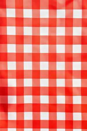 A classic gingham checkered pattern in bright red and white, evoking summer picnic vibes. The clean lines and symmetry make it a timeless and versatile design.の素材