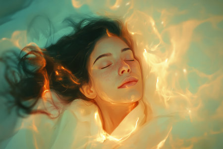 A soft, meditative digital painting of a person surrounded by glowing, peaceful energy, symbolizing the calmness and serenity of mental wellness.の素材