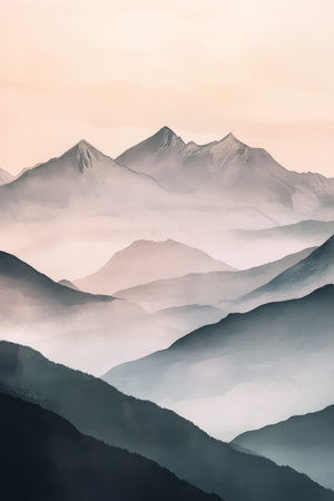 A serene watercolor style digital painting of a misty mountain landscape, with soft gradients and fading peaks in the distance.の素材