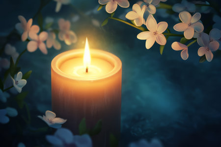A peaceful illustration of a candle glowing in the dark, surrounded by soft, delicate flowers, symbolizing remembrance and emotional healing during grief.の素材