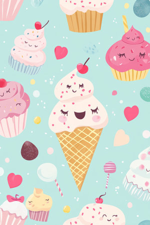 A delightful pattern featuring smiling ice cream cones, cupcakes, and candy with pastel backgrounds. The cute and colorful elements make it a fun and playful design for kids.の素材