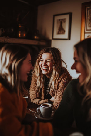 A cozy scene of a group of friends laughing over coffee, with warm earthy tones creating a nostalgic feel.の素材