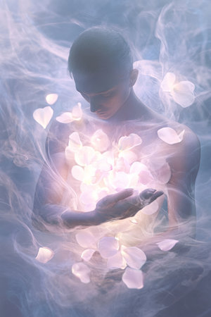 A calming digital painting of a person surrounded by soft light, gently placing petals on their chest, symbolizing emotional healing and the restoration of inner peace.の素材