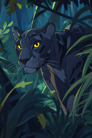A beautifully detailed digital painting of a majestic black panther prowling through the jungle at night. Its piercing yellow eyes glow in the darkness, highlighting its sleek fur and powerful presence.の素材