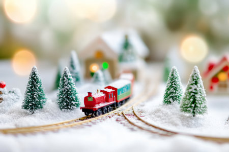 A whimsical holiday train set, winding through a snowy village, with tiny Christmas trees and colorful decorations along the tracks.の素材