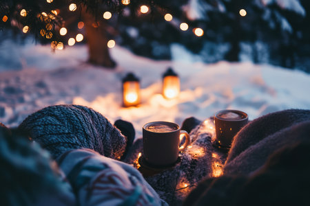 A winter picnic with friends, bundled up in warm blankets, sipping hot chocolate under fairy lights.の素材