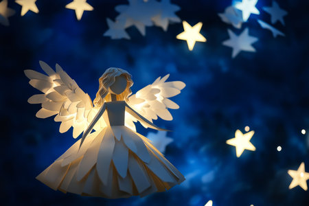A handcrafted paper angel with delicate wings, surrounded by softly glowing stars, set against a deep blue night sky.の素材