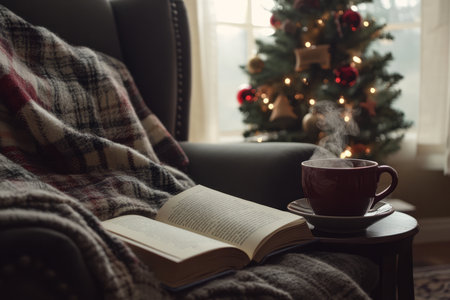 A cozy reading nook with a soft blanket, a steaming cup of tea, and a book open to a holiday story.の素材