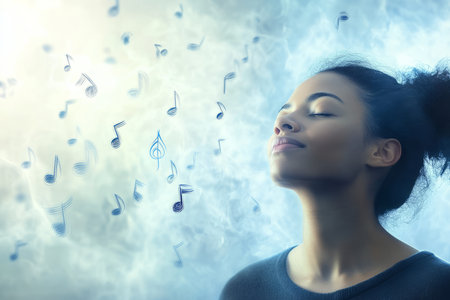 A person listening to calming music with their eyes closed, surrounded by floating musical notes.の素材