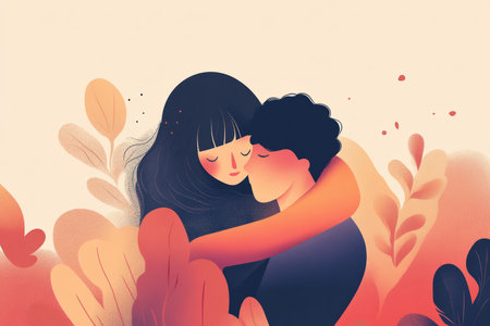 A heartwarming illustration of a person sharing a heartfelt embrace with a loved one, with warm colors surrounding them, symbolizing the importance of empathy in relationships.の素材