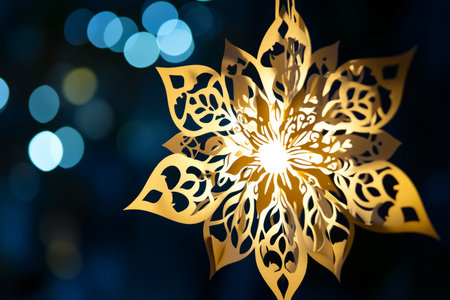 A delicate paper cut snowflake, intricately designed with festive winter patterns, illuminated from behind.の素材