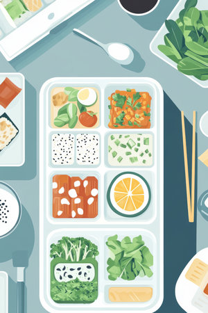 A modern flat style illustration of a weekly meal prep setup with neatly arranged containers of balanced meals, symbolizing healthy habits.の素材