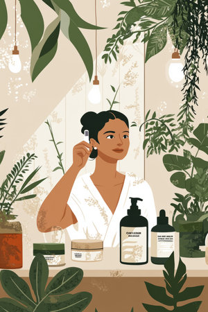 A detailed illustration of a person applying skincare products while surrounded by fresh plants and gentle lighting, symbolizing nurturing and care for oneself.の素材