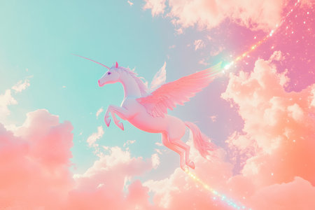 A dreamy and pastel hued illustration of a unicorn flying through a cotton candy sky, leaving a glittering trail rainbow behind.の素材