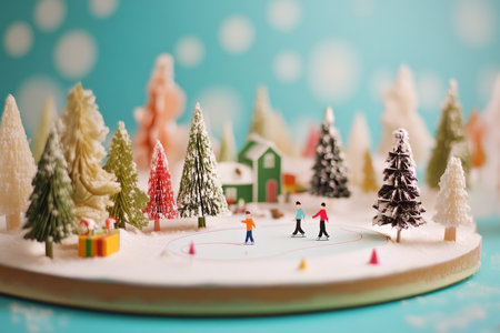 A festive holiday diorama crafted from paper, featuring a tiny ice skating rink and miniature trees.の素材