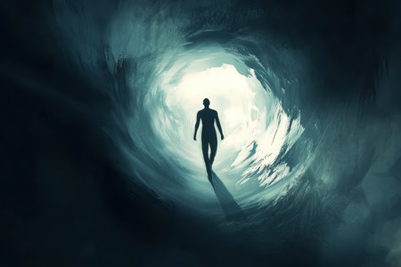 A thoughtful digital illustration of a figure breaking free from a dark, enclosed space, emerging into the light with confidence and determination, symbolizing personal growth and empowerment.の素材