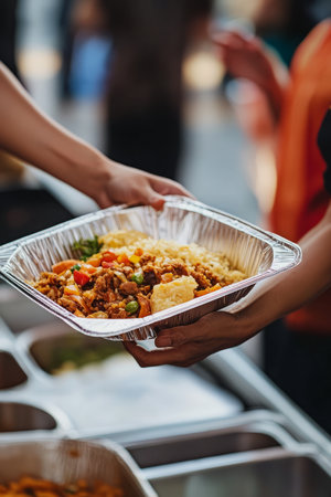 A volunteer handing out meals at a shelter, with warm tones symbolizing kindness and generosity.の素材
