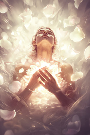 A calming digital painting of a person surrounded by soft light, gently placing petals on their chest, symbolizing emotional healing and the restoration of inner peace.の素材