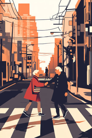A comic style illustration of a volunteer helping an elderly person cross the street, promoting community support.の素材