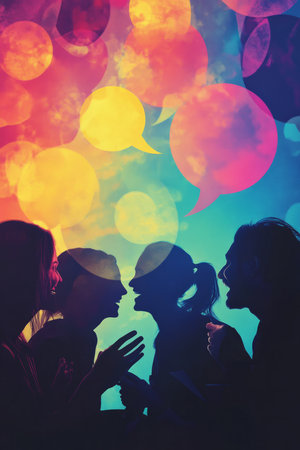 A dynamic and energetic illustration of a group of people having a joyful conversation, their speech bubbles forming glowing patterns, symbolizing the power of social connection.の素材