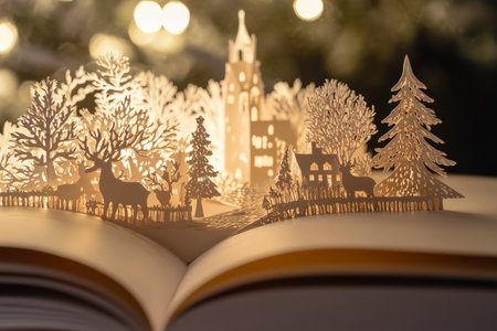 A holiday themed paper pop up book, with intricate cut out Christmas scenes unfolding on each page.の素材