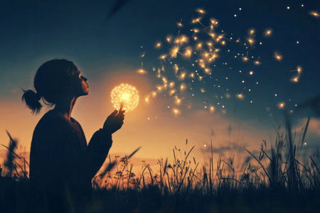 An uplifting illustration of a person blowing dandelion seeds into the air, with the seeds transforming into bright, glowing stars, symbolizing joy, life, and health.の素材