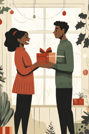 A gentle, calm illustration of a couple exchanging gifts with warm smiles, symbolizing love, respect, and the importance of appreciation in relationships.の素材
