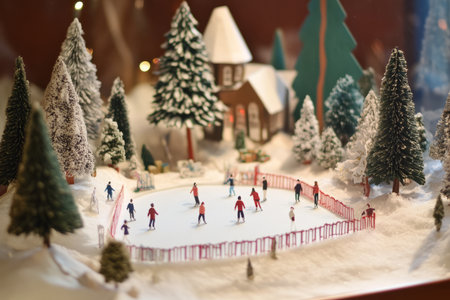 A festive holiday diorama crafted from paper, featuring a tiny ice skating rink and miniature trees.の素材