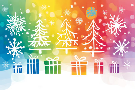 A whimsical holiday card design with a gradient of rainbow hues, showcasing snowflakes, trees, and gifts in a colorful and joyful arrangement.の素材